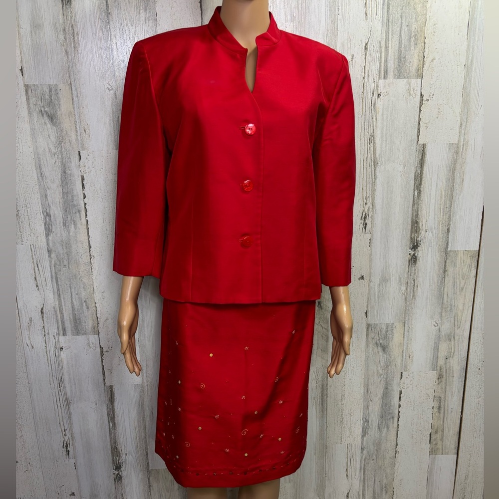 Travis Ayers Vintage 90’s Vibrant Red Two-Piece Silk Pencil Skirt Set